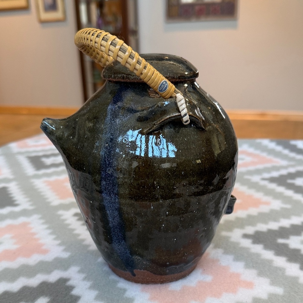 Vintage mid century Japanese Ceramic Glazed Pottery Jug with Woven Rattan Handle